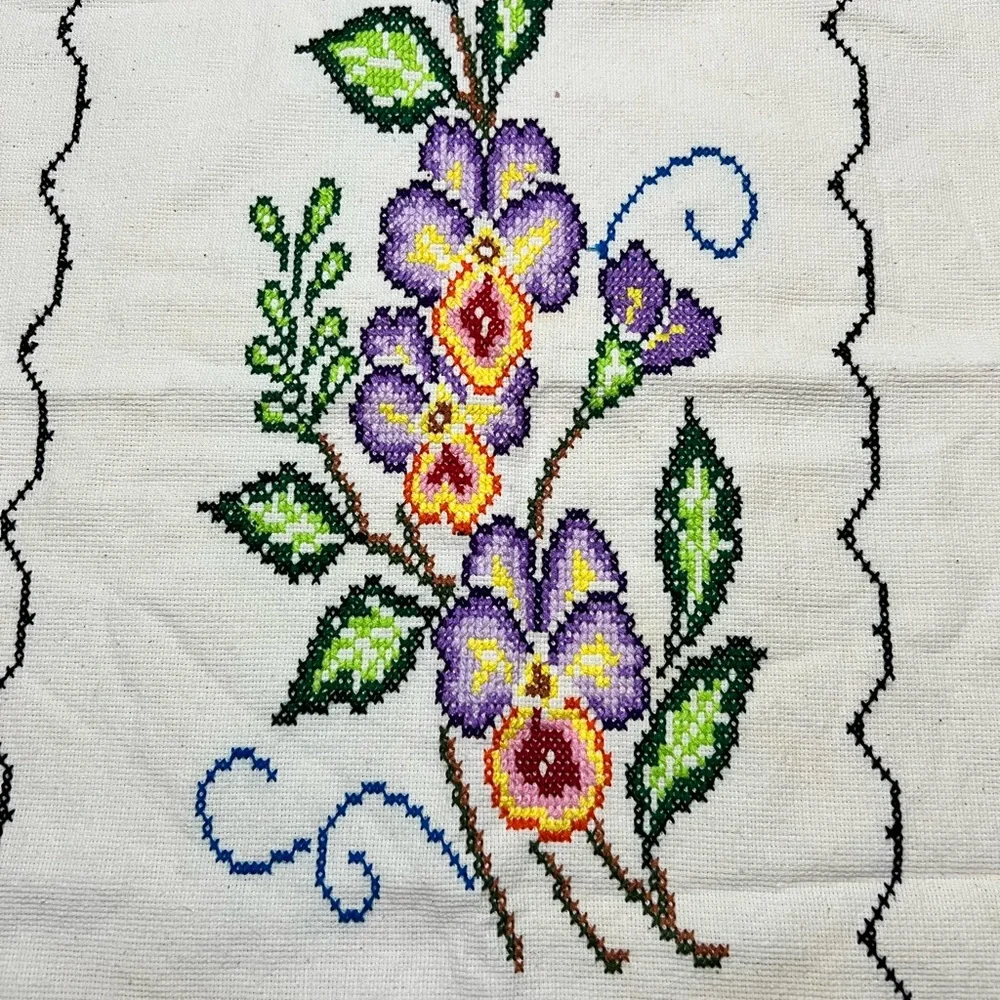 Vintage hand Floral Embroidered purple bearded iris pillow case‎ cotton linen
